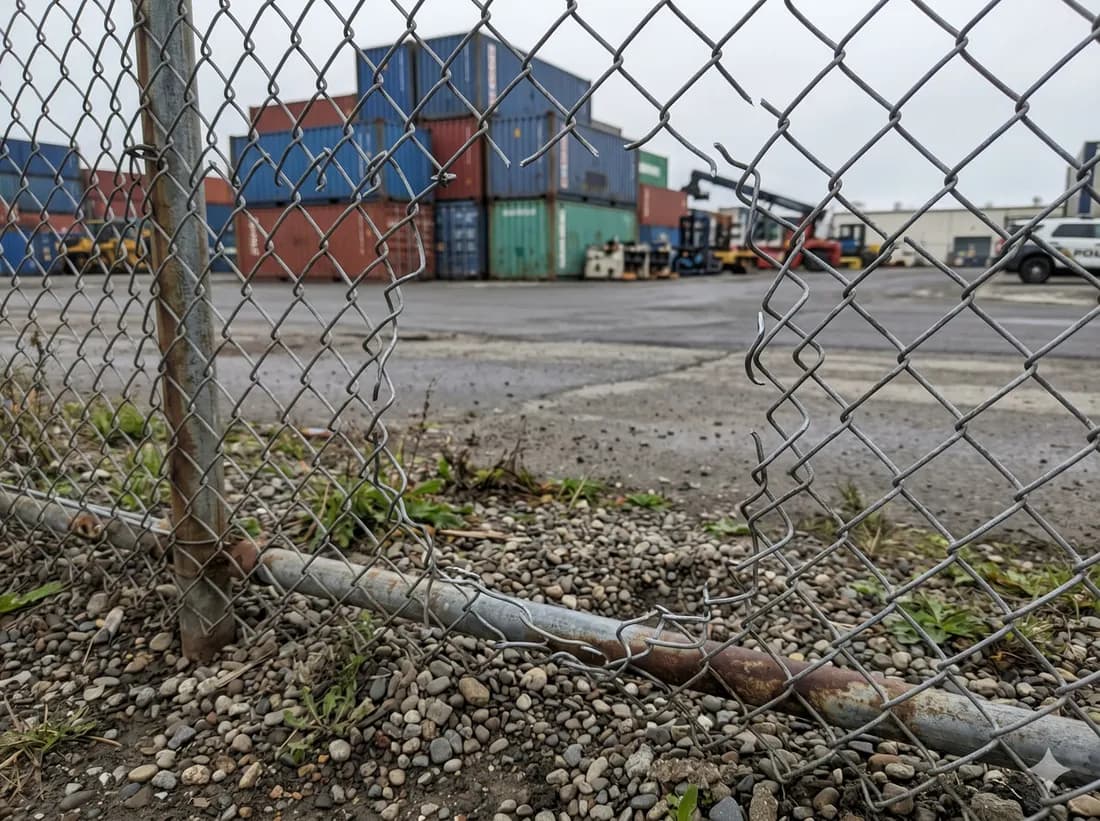 An open gap in the chain-link fence beside the container yard